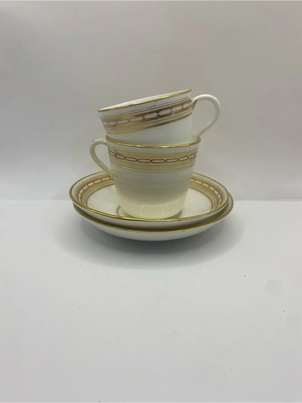 Antique Set Of 2 Cups & Sauces Porcelain With Gold Detail Marker Mark 6865/16